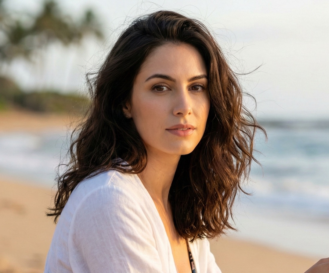 Anzara on a beach at golden hour, in a white shirt, looking over her shoulder at the camera.