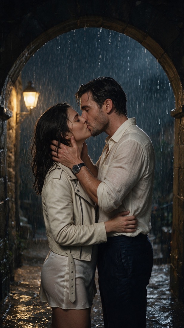 Anzara and Sam kissing under a stone arch in heavy rain.